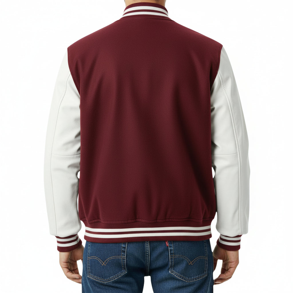 Maroon and white varsity jacket worn by a person on a white background