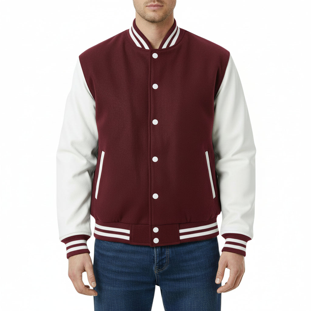 Maroon and white varsity jacket worn by a person on a white background