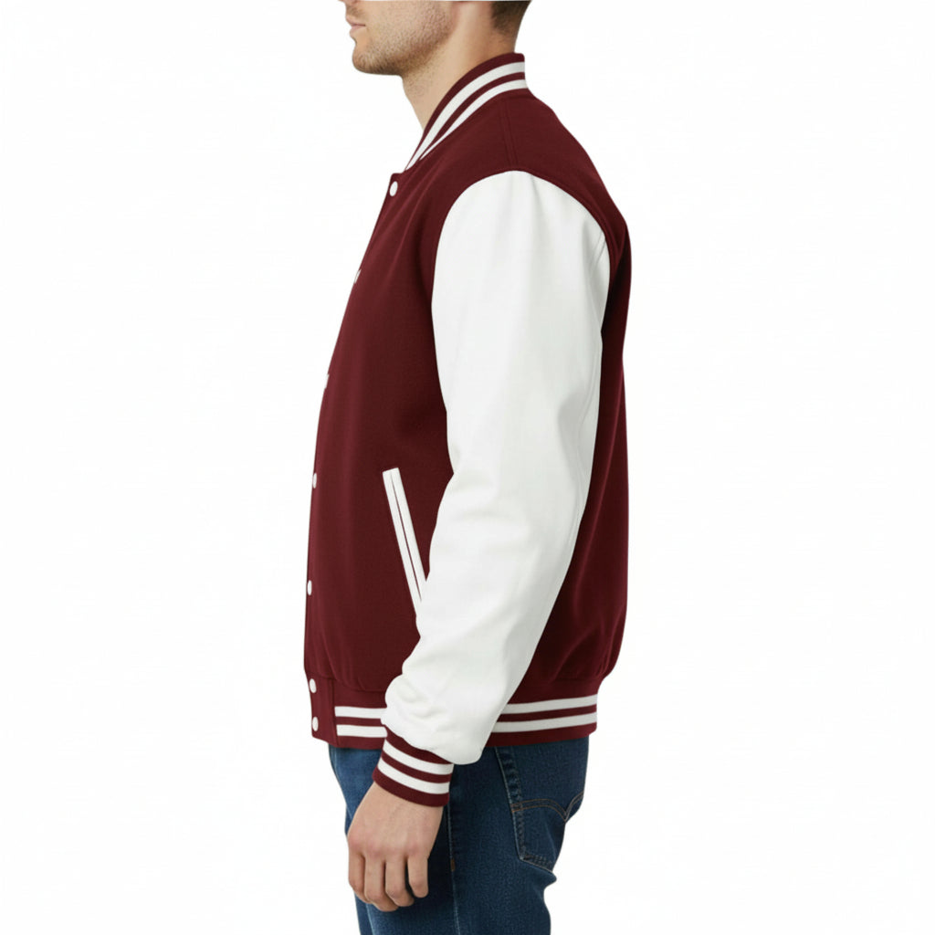 Maroon and white varsity jacket worn by a person on a white background