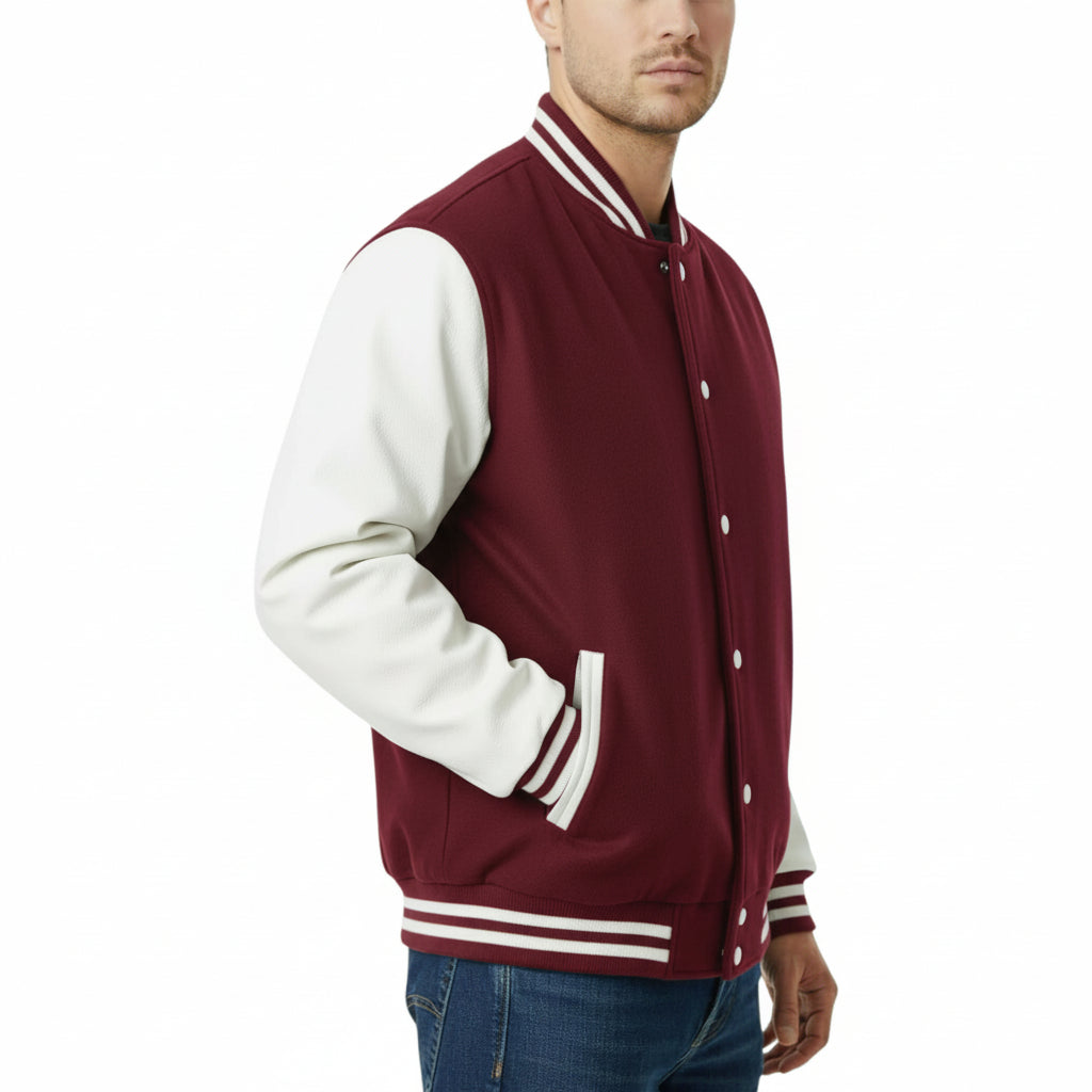 Man wearing a maroon and white varsity jacket on a white background