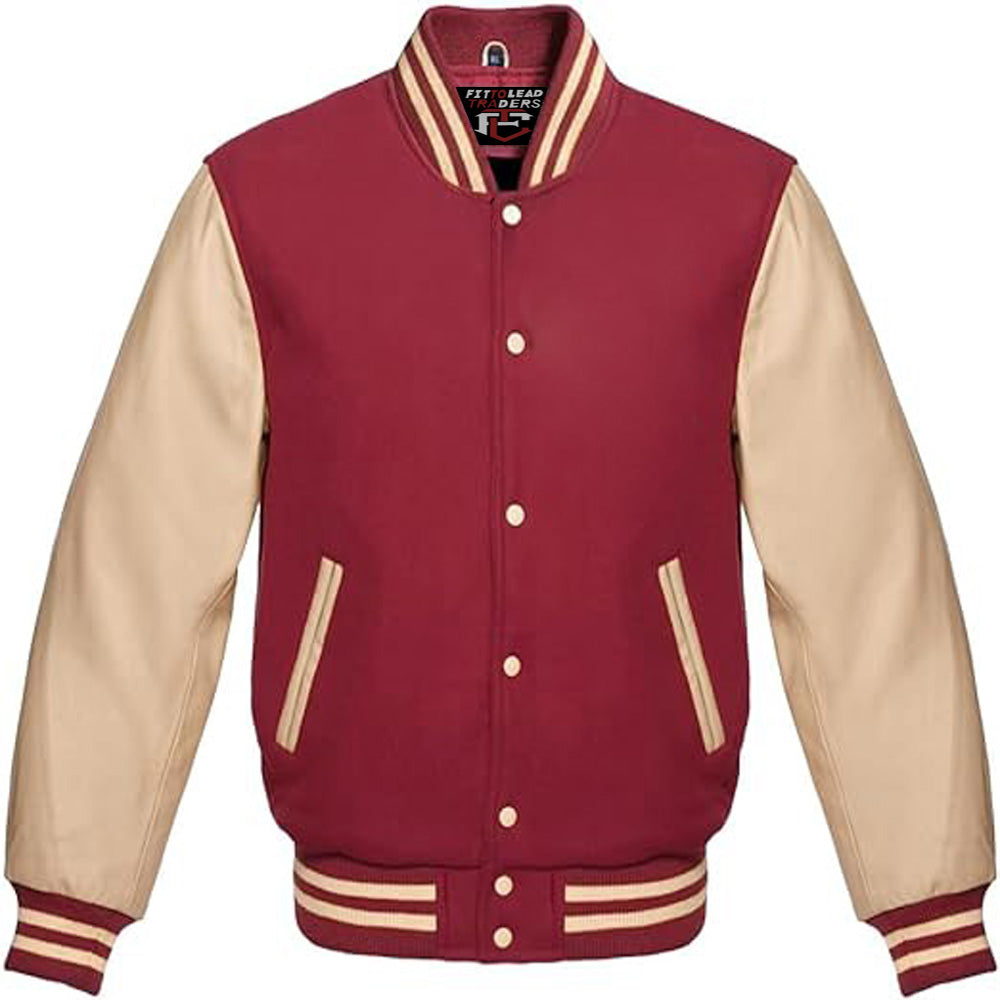 Red and beige varsity jacket on a white background