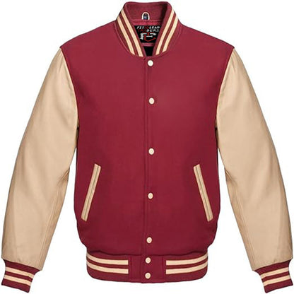 Red and beige varsity jacket on a white background