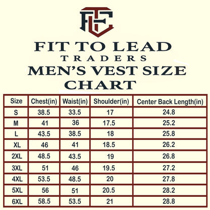Men's vest size chart for Fit to Lead Traders with measurements in inches.