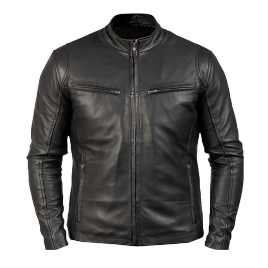Men Black Minimalist Leather Jacket Full-Zip Stand Collar