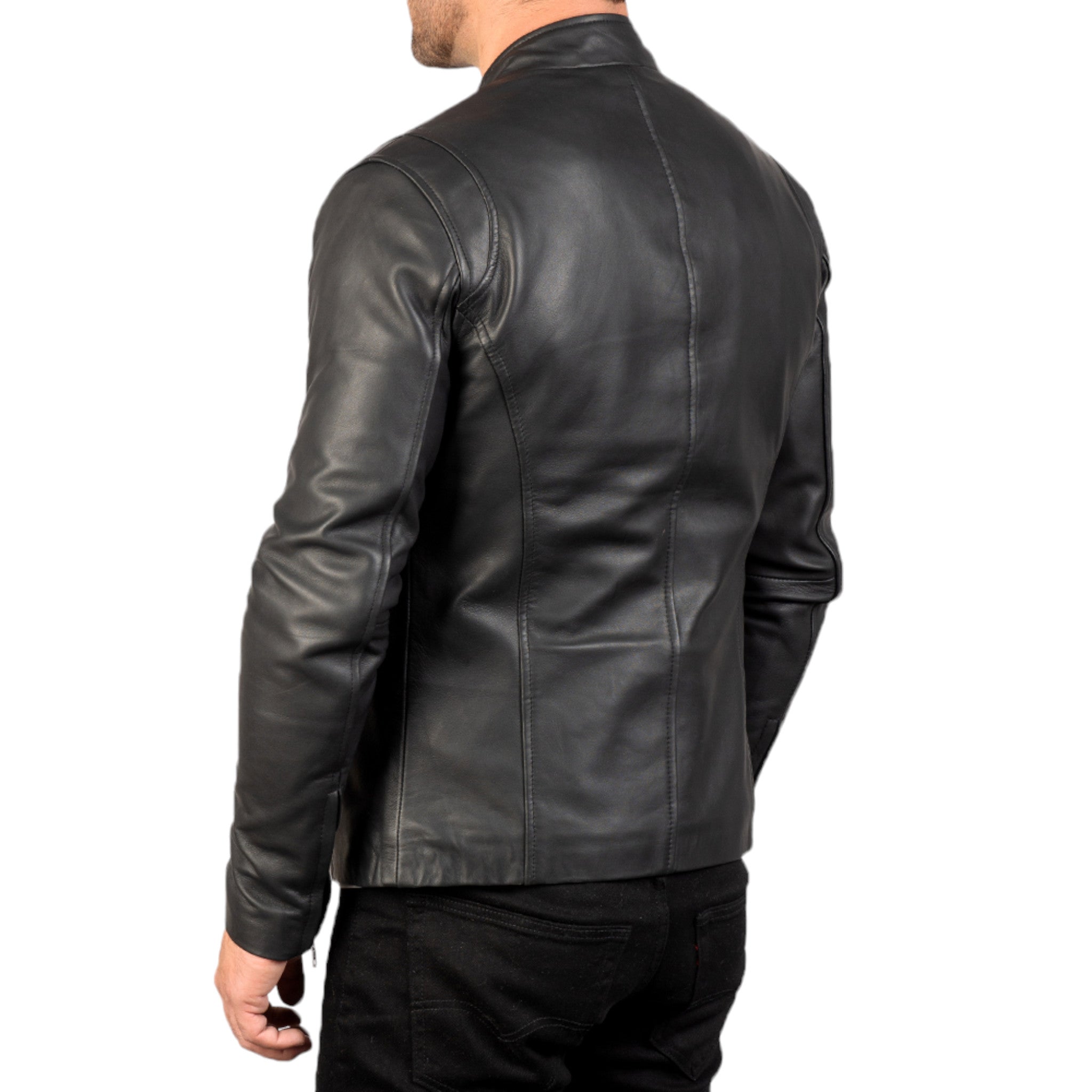 Men Black Minimalist Leather Jacket Full-Zip Stand Collar