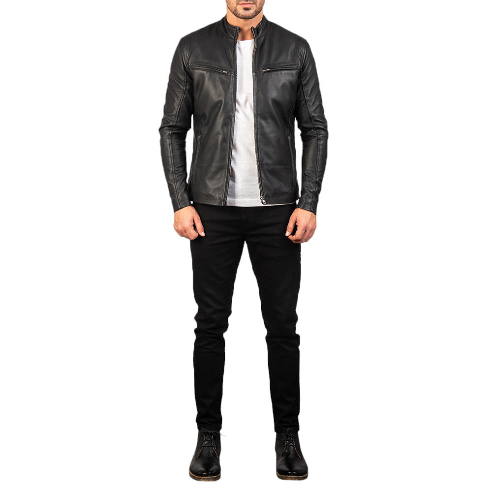 Men Black Minimalist Leather Jacket Full-Zip Stand Collar