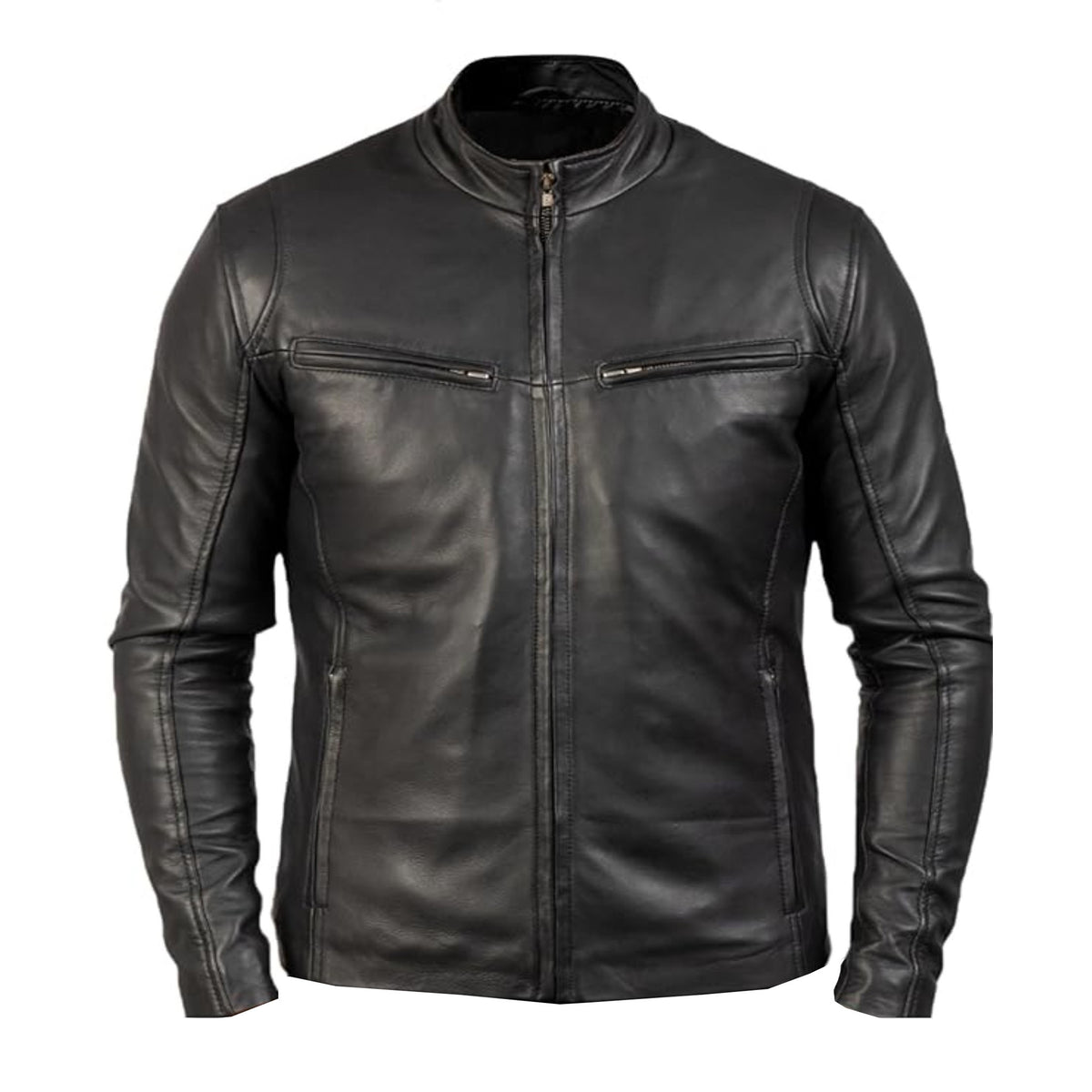 Men Black Minimalist Leather Jacket Full-Zip Stand Collar