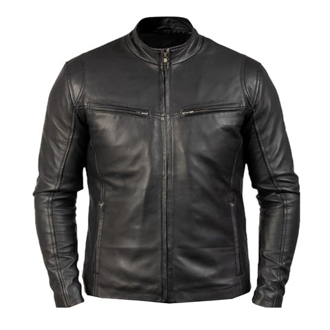 Men Black Minimalist Leather Jacket Full-Zip Stand Collar
