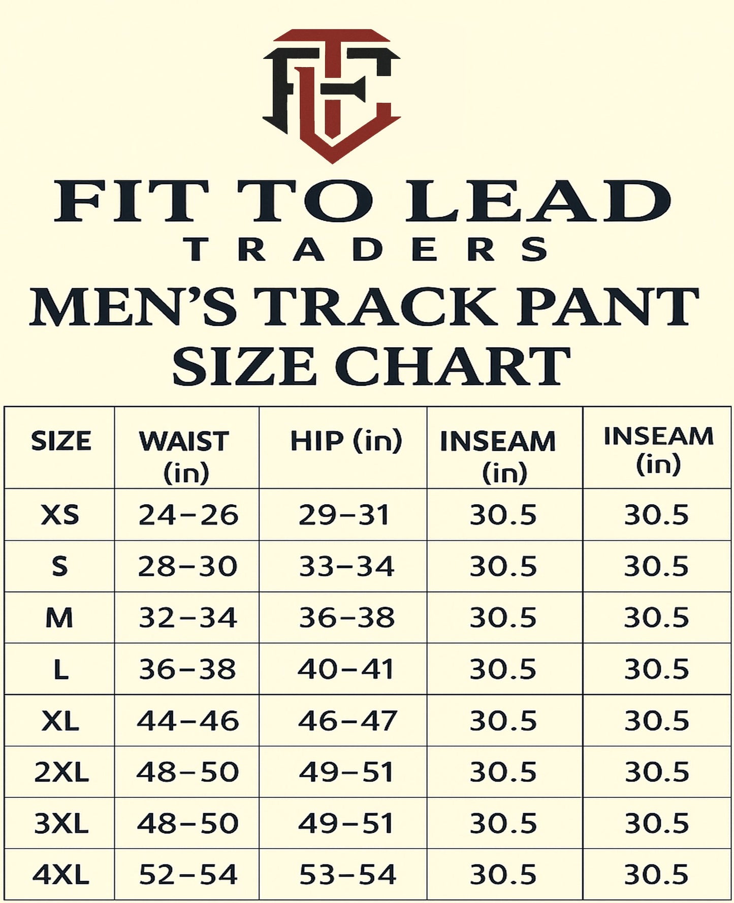 Men's track pant size chart for Fit to Lead Traders on a beige background
