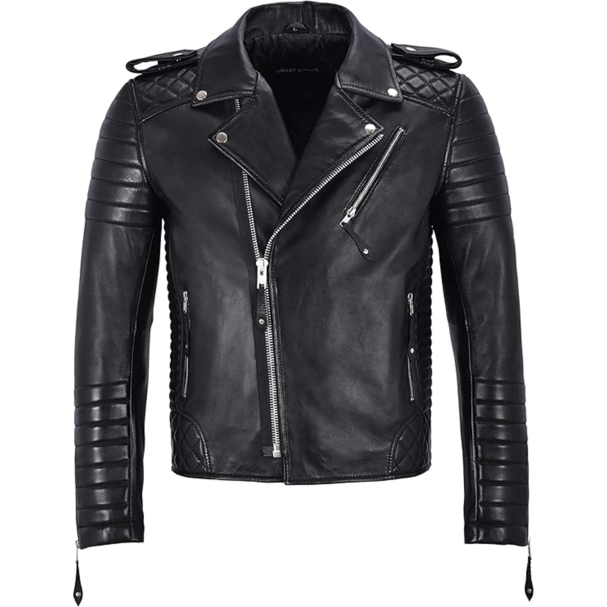 Men Retro Black Quilted Sheep Leather Motorcycle Rider Coat