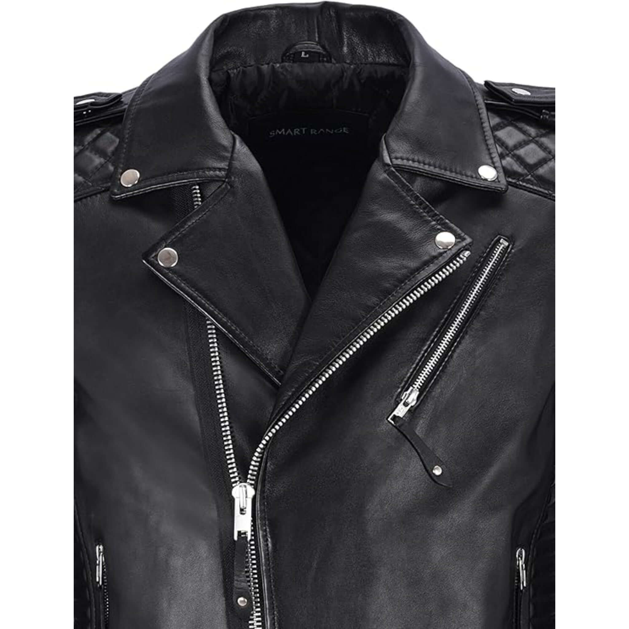 Men Retro Black Quilted Sheep Leather Motorcycle Rider Coat
