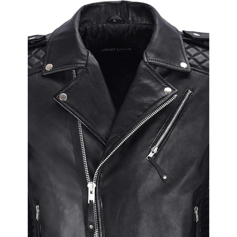 Men Retro Black Quilted Sheep Leather Motorcycle Rider Coat