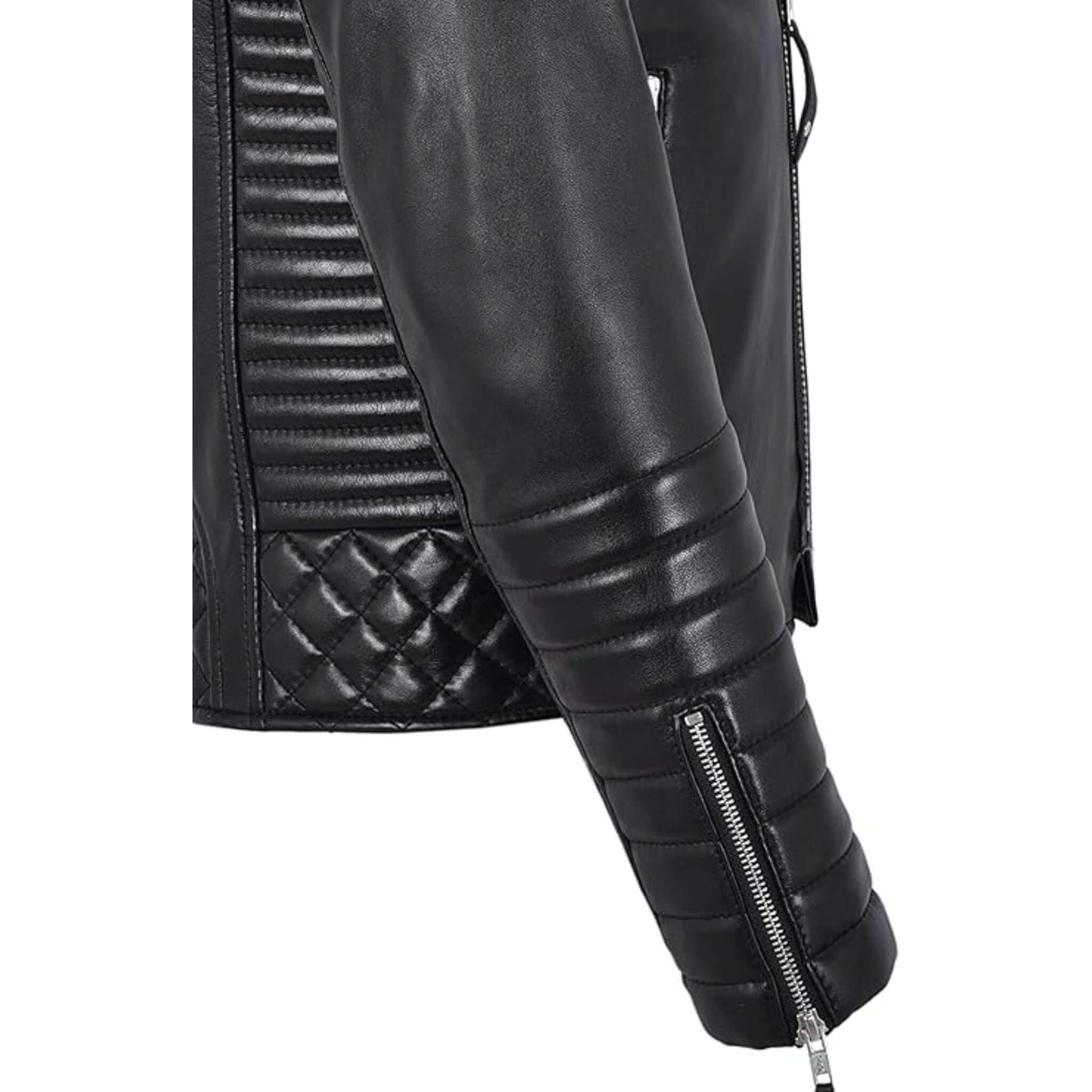 Men Retro Black Quilted Sheep Leather Motorcycle Rider Coat