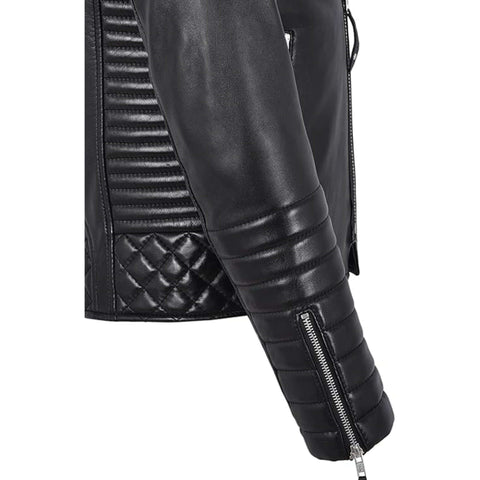 Men Retro Black Quilted Sheep Leather Motorcycle Rider Coat