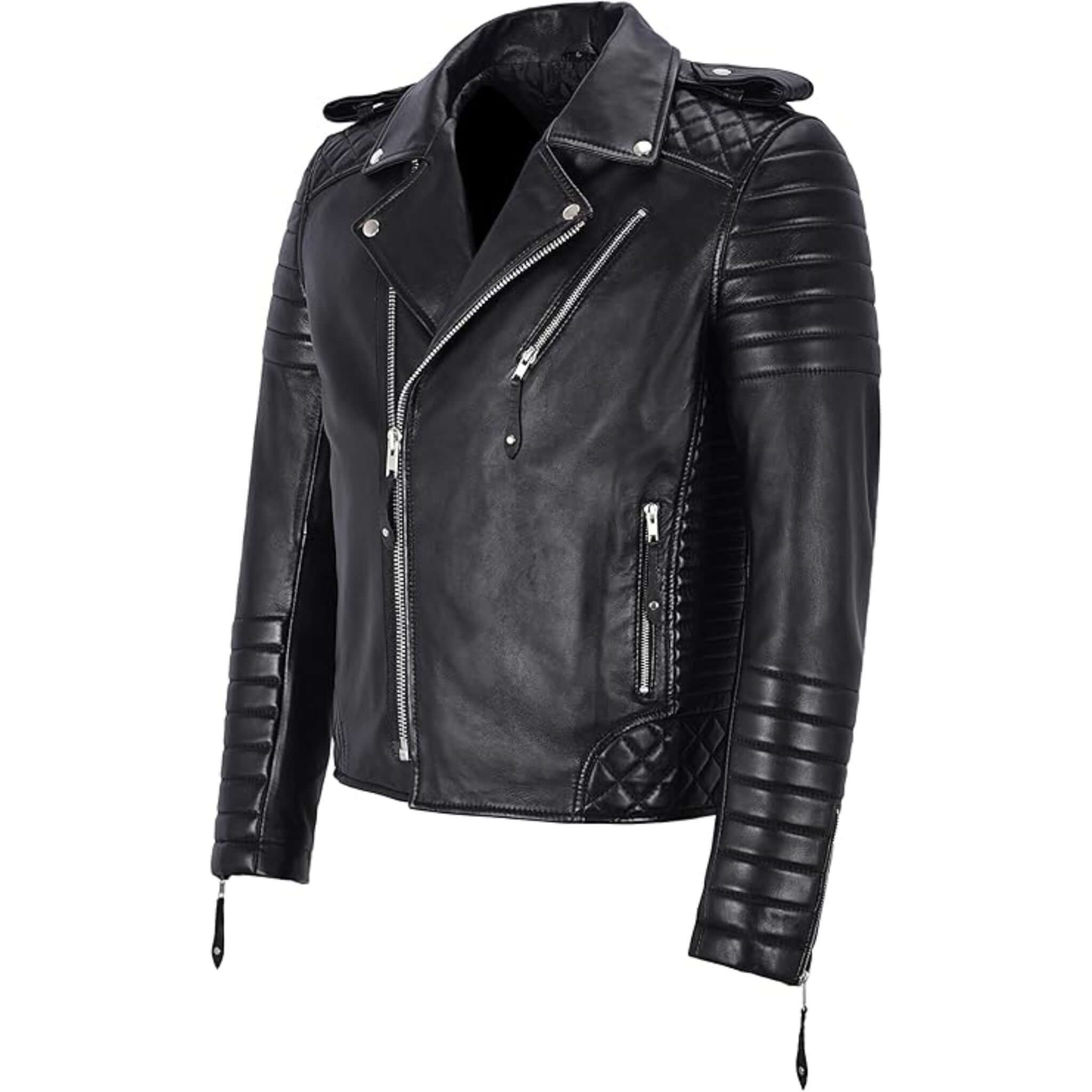Men Retro Black Quilted Sheep Leather Motorcycle Rider Coat