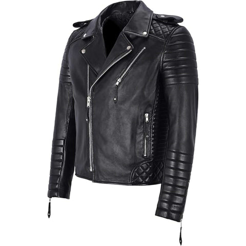 Men Retro Black Quilted Sheep Leather Motorcycle Rider Coat