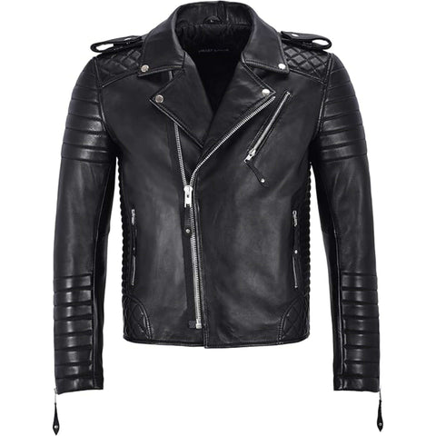Men Retro Black Quilted Sheep Leather Motorcycle Rider Coat