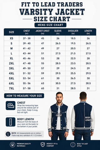 A size chart graphic for a varsity jacket, showing a measurement table from XS to 7XL with chest, jacket chest, sleeve, shoulder, and length measurements. The chart includes a heading 'FIT TO LEAD TRADERS VARSITY JACKET SIZE CHART' and includes small photos of a man wearing the jacket from the front and back on the lower half.