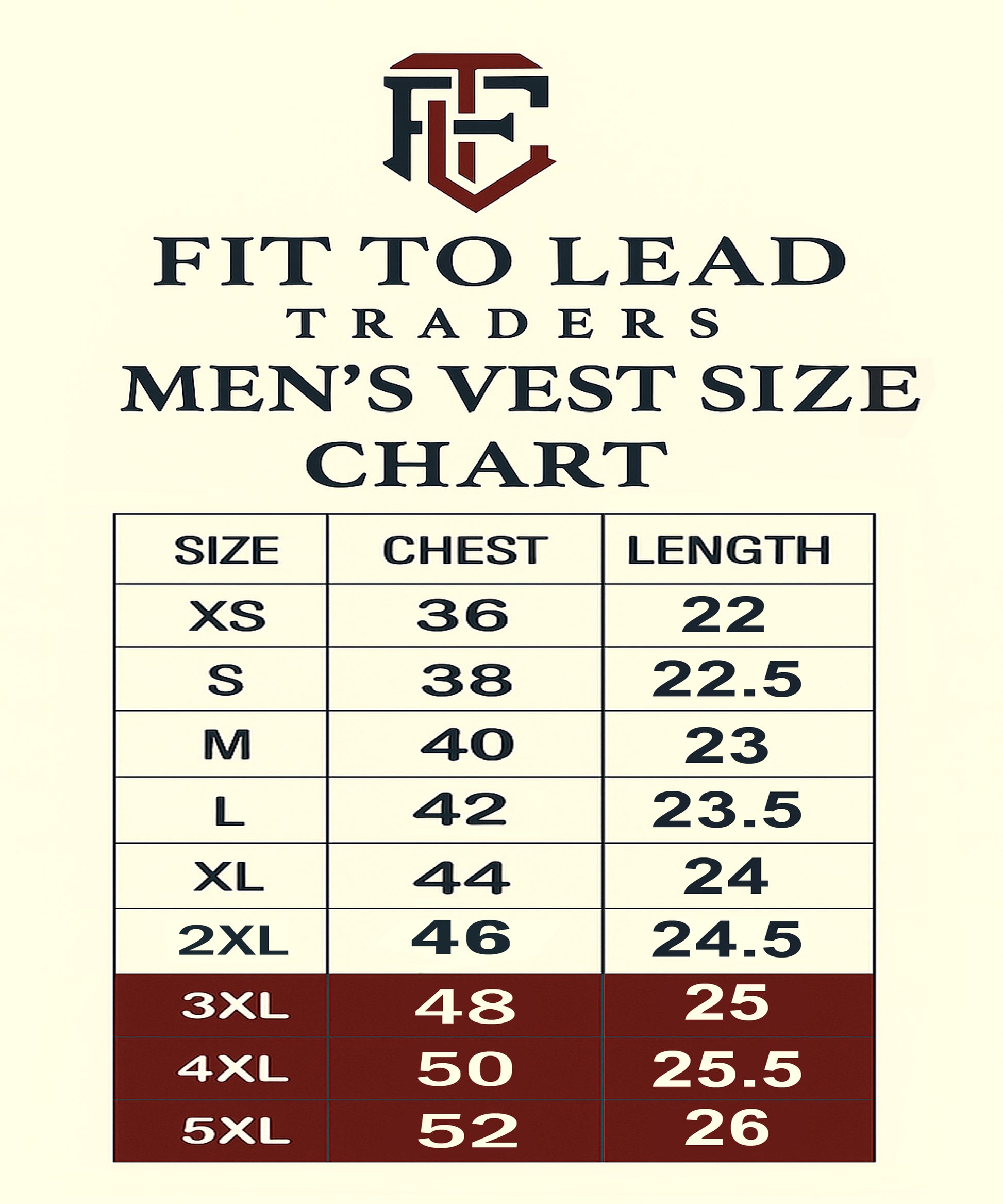 Men's vest size chart with Fit to Lead Traders logo on a white background