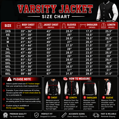 Varsity jacket size chart with measurement guide on a black background