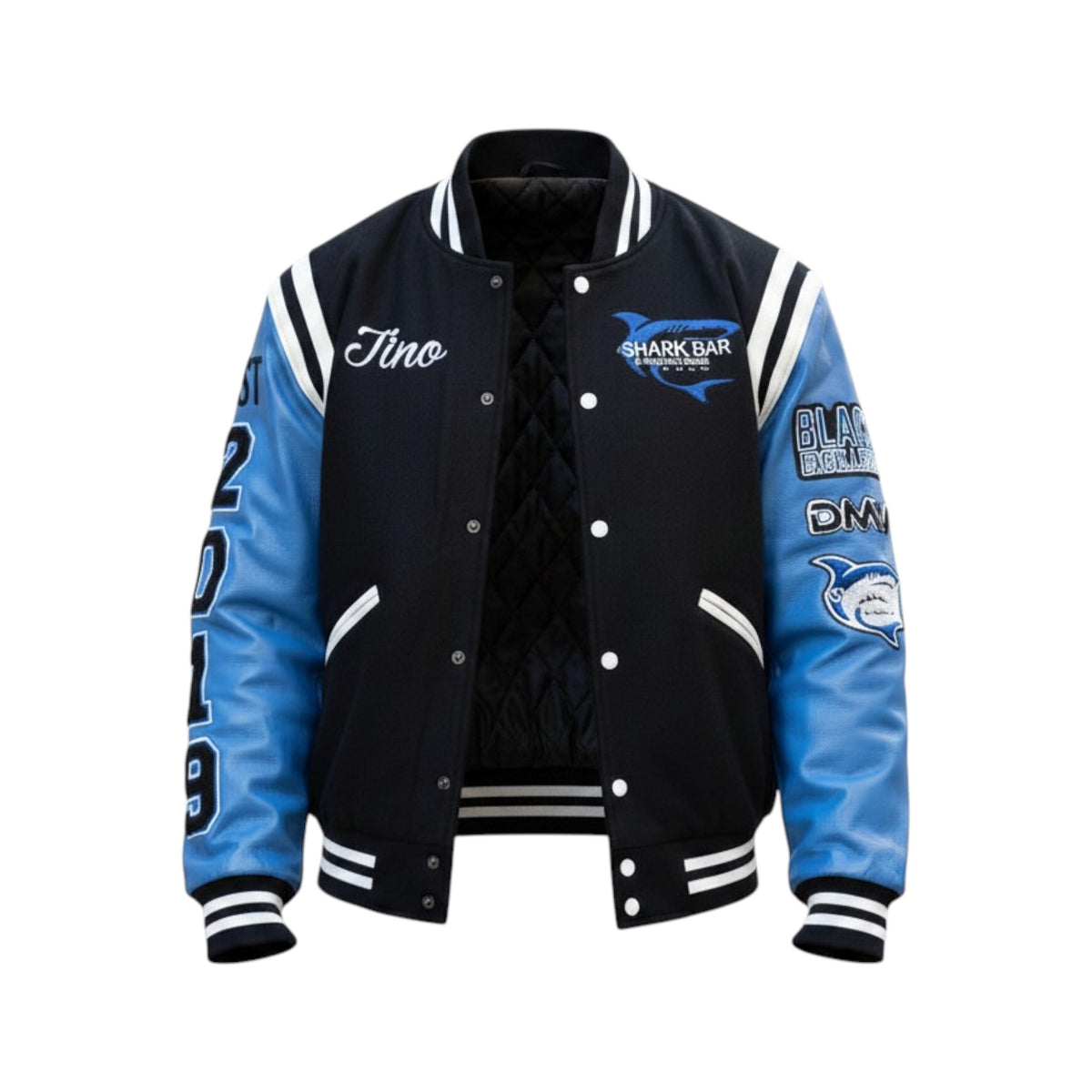 Black and blue varsity jacket with logos and text on a white background
