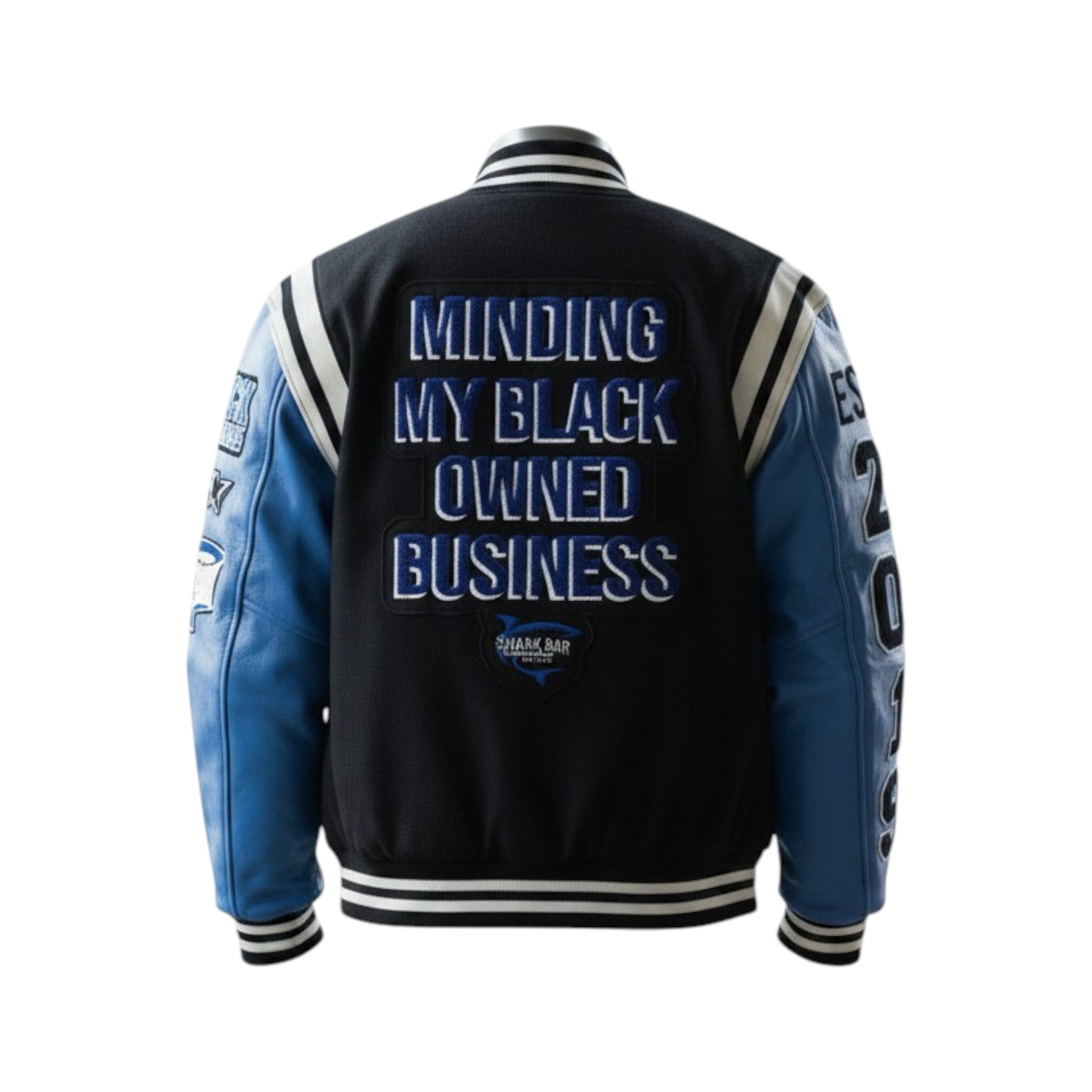 Black and blue jacket with text on the back on a white background