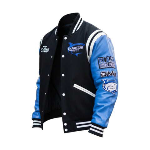 Black and blue varsity jacket with logos on a white background