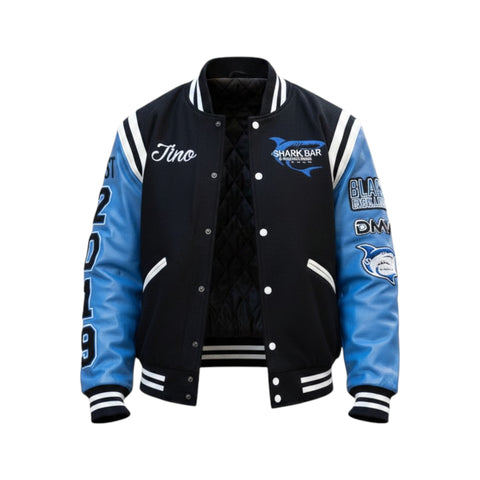 Black and blue varsity jacket with logos and text on a white background