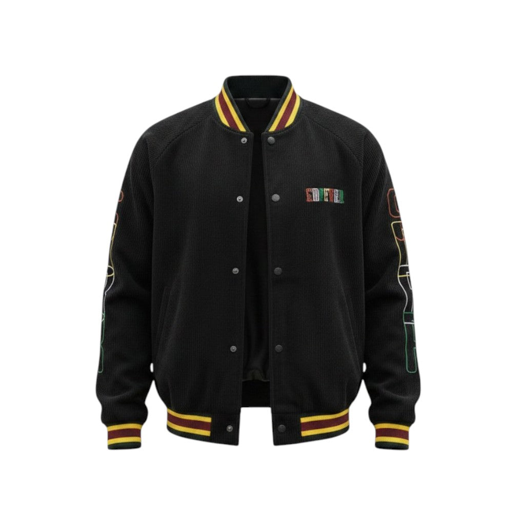 Black varsity jacket with colorful accents on a white background