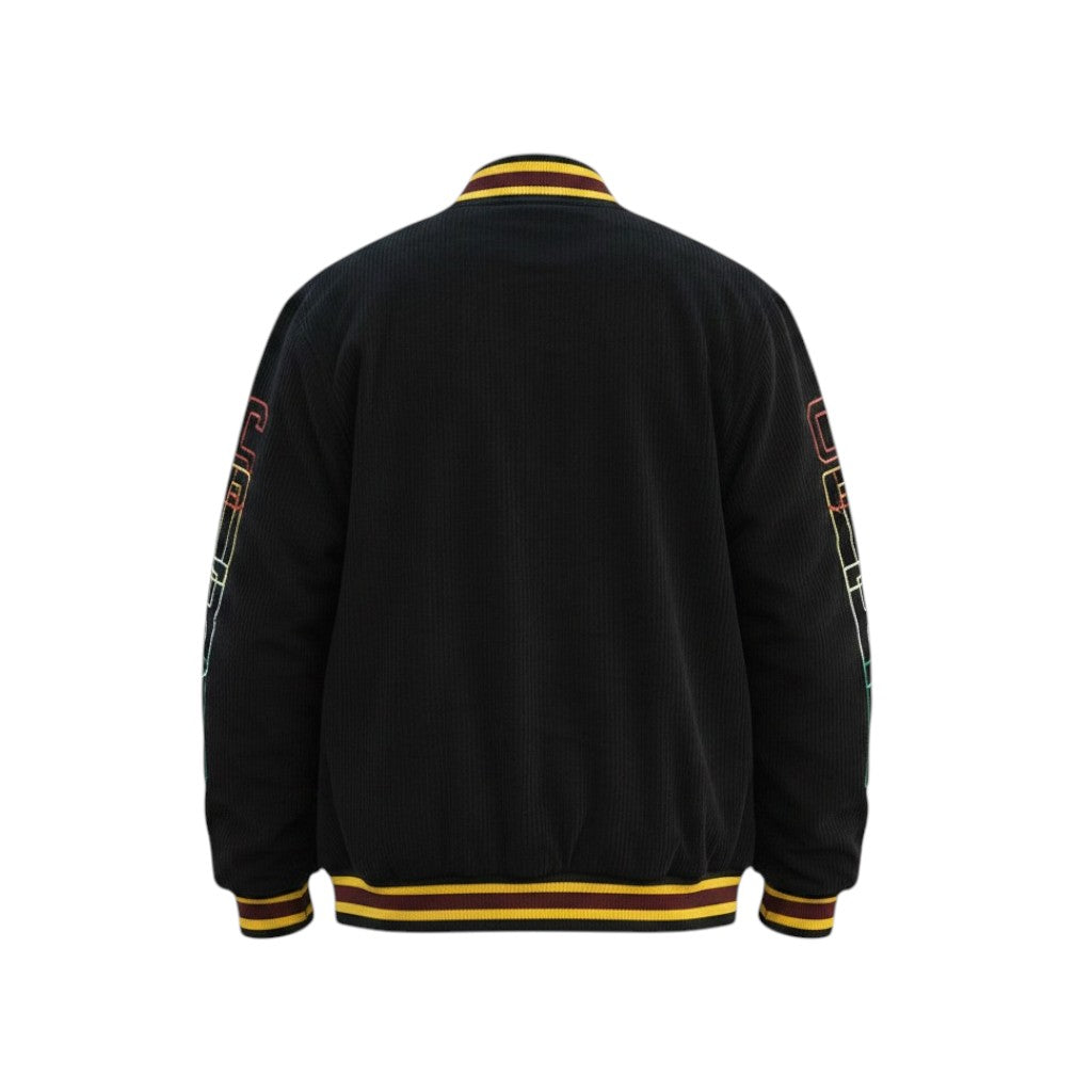 Black varsity jacket with yellow accents on a white background
