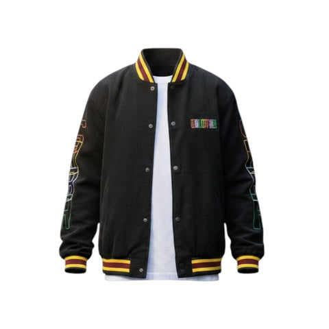 Black varsity jacket with colorful patches on a white background