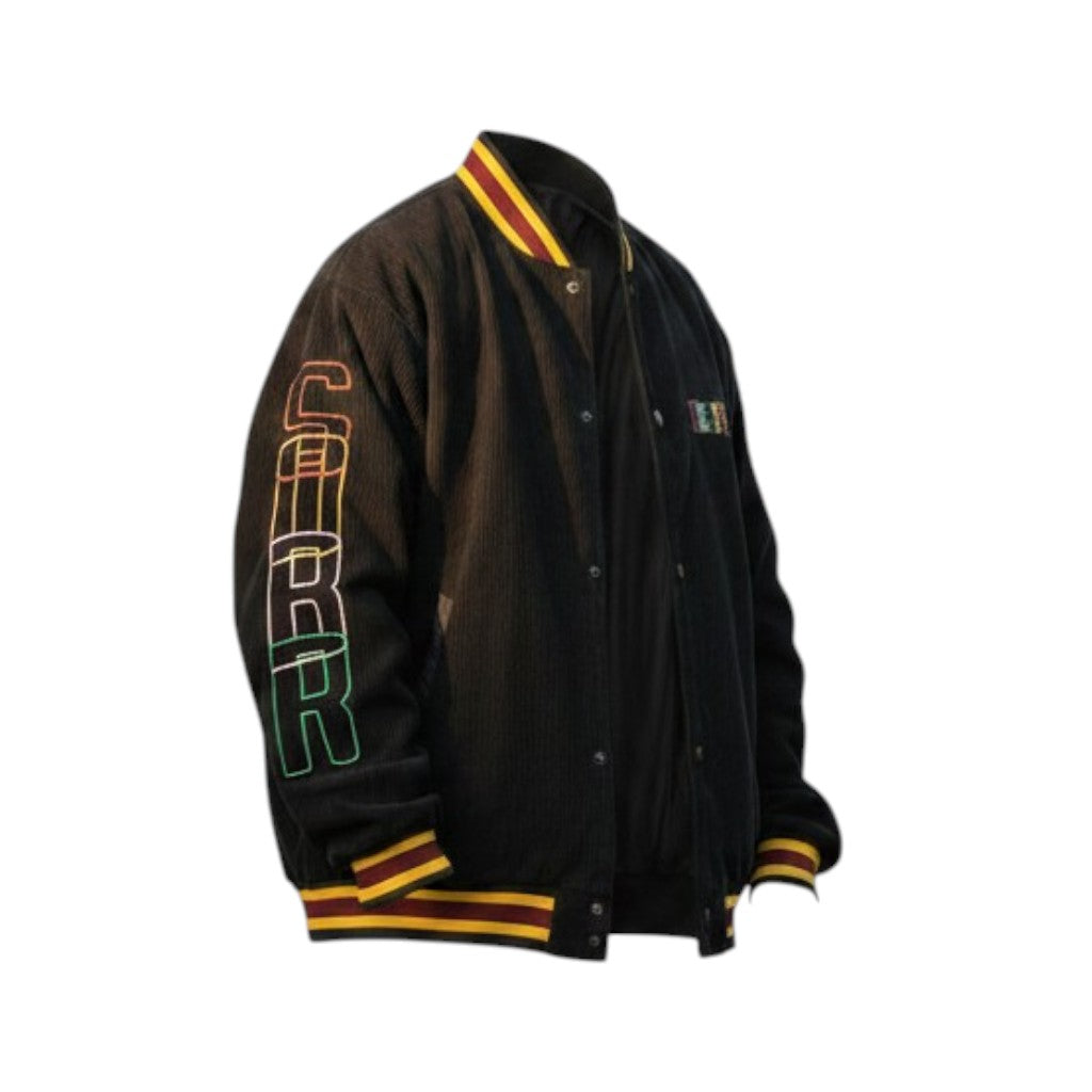 Black letterman jacket with colorful accents on a white background