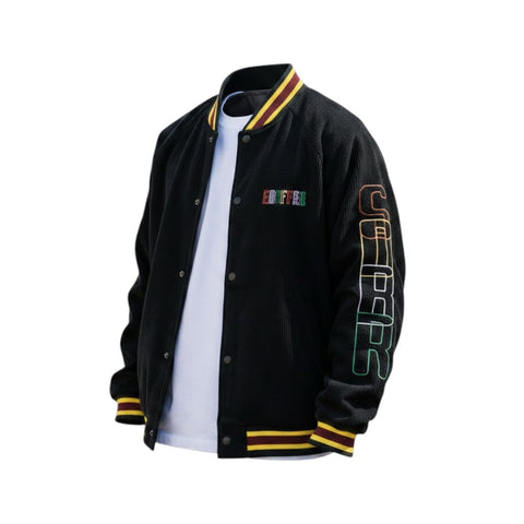 Black varsity jacket with colorful lettering on a white background