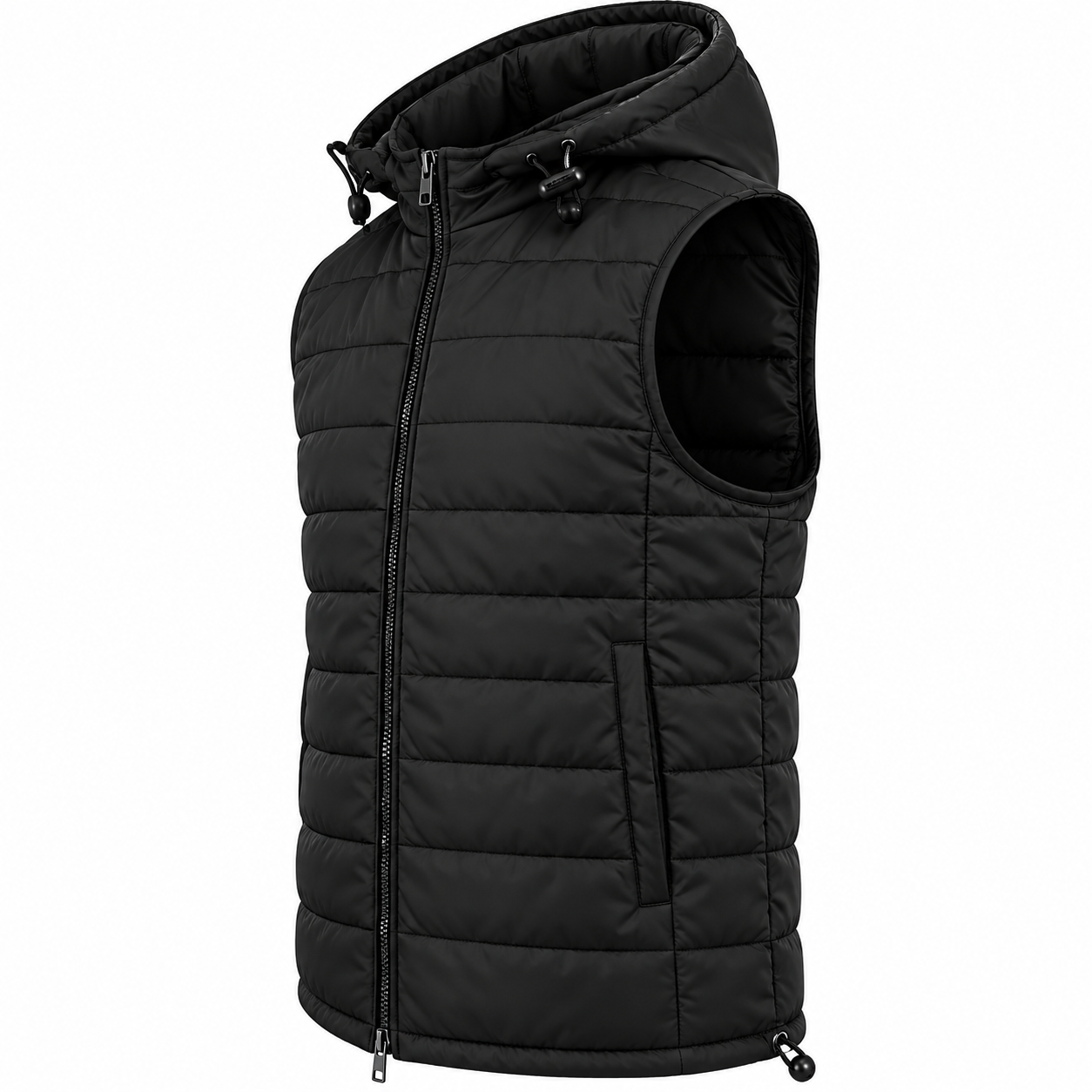 A black sleeveless quilted puffer vest with a hood, front zipper, and side pockets, shown on a plain white background.