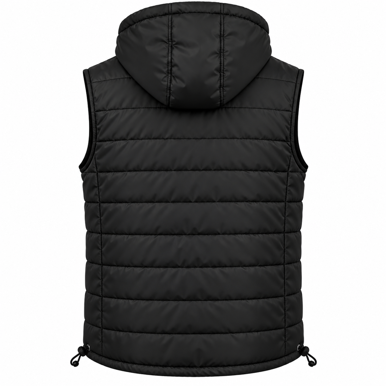 Black hooded puffer vest shown from the back, featuring horizontal quilting and drawstring ties at the bottom hem, on a plain white background.
