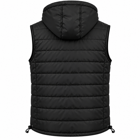 Black hooded puffer vest shown from the back, featuring horizontal quilting and drawstring ties at the bottom hem, on a plain white background.