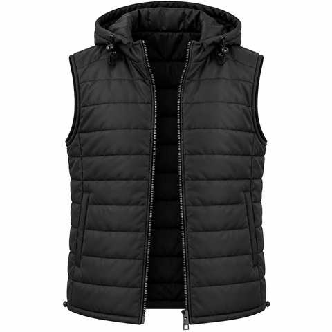 A black sleeveless puffer vest with a hood, front zipper, and horizontal quilting, shown against a plain white background.