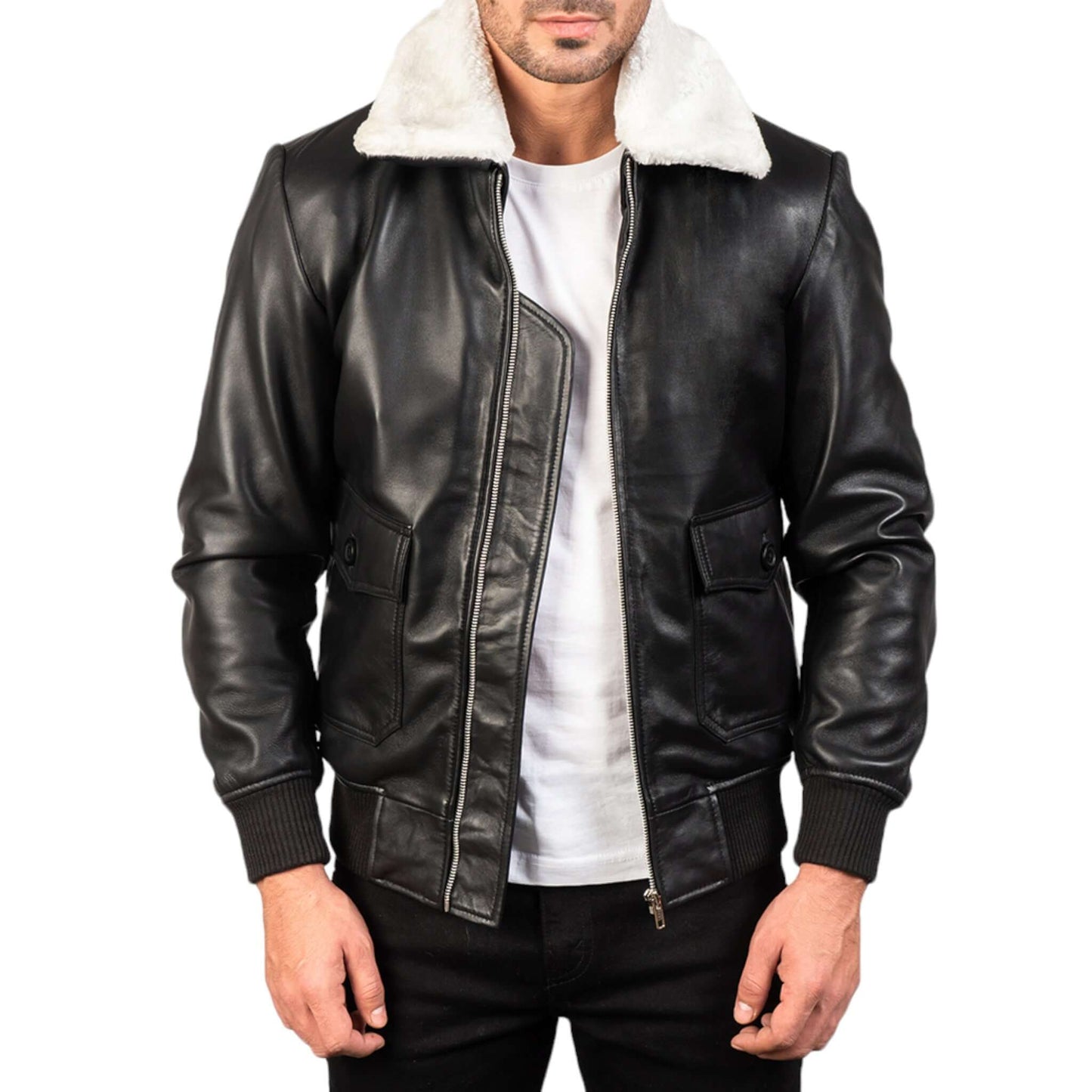 Black & White Leather Bomber Jacket Timeless Modern Classic
