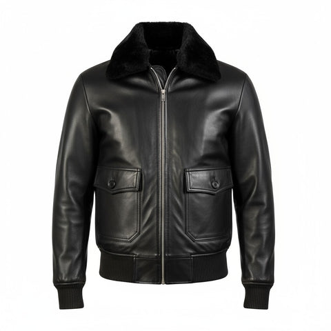 Men Leather Bomber Jacket Black & White Stylish Outerwear