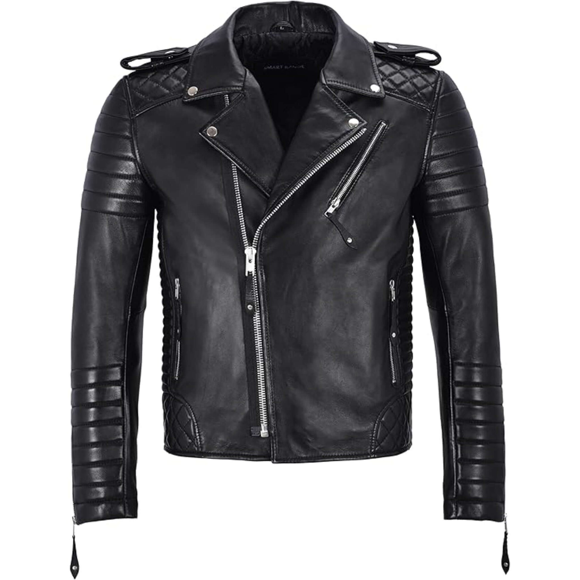 Men Retro Black Quilted Sheep Leather Motorcycle Rider Coat