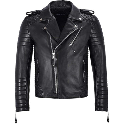 Men Retro Black Quilted Sheep Leather Motorcycle Rider Coat