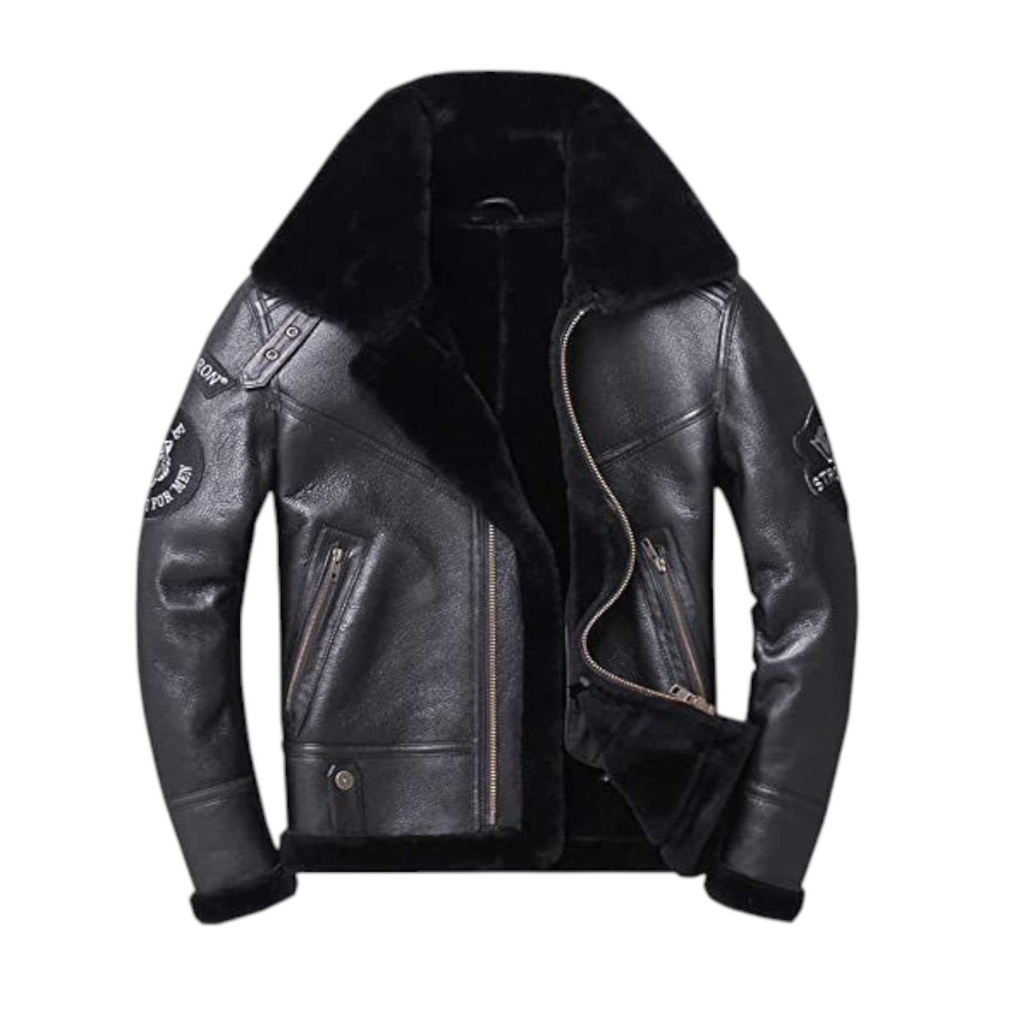 Black leather jacket with fur lining on a white background