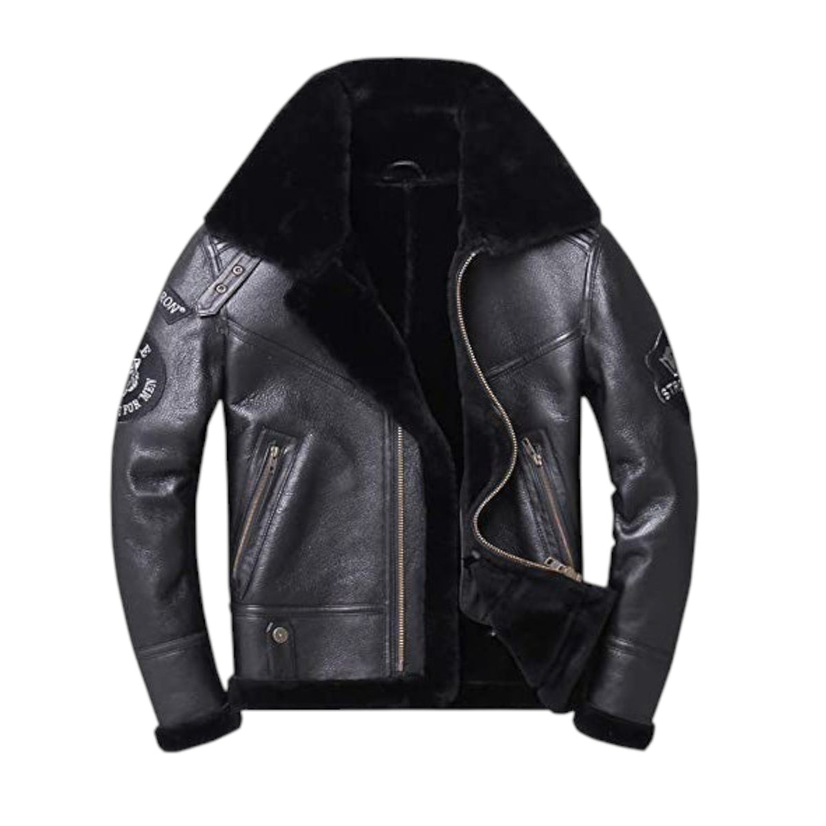 Black leather jacket with fur lining on a white background