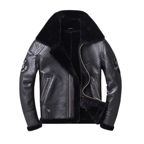 Black leather jacket with fur lining on a white background