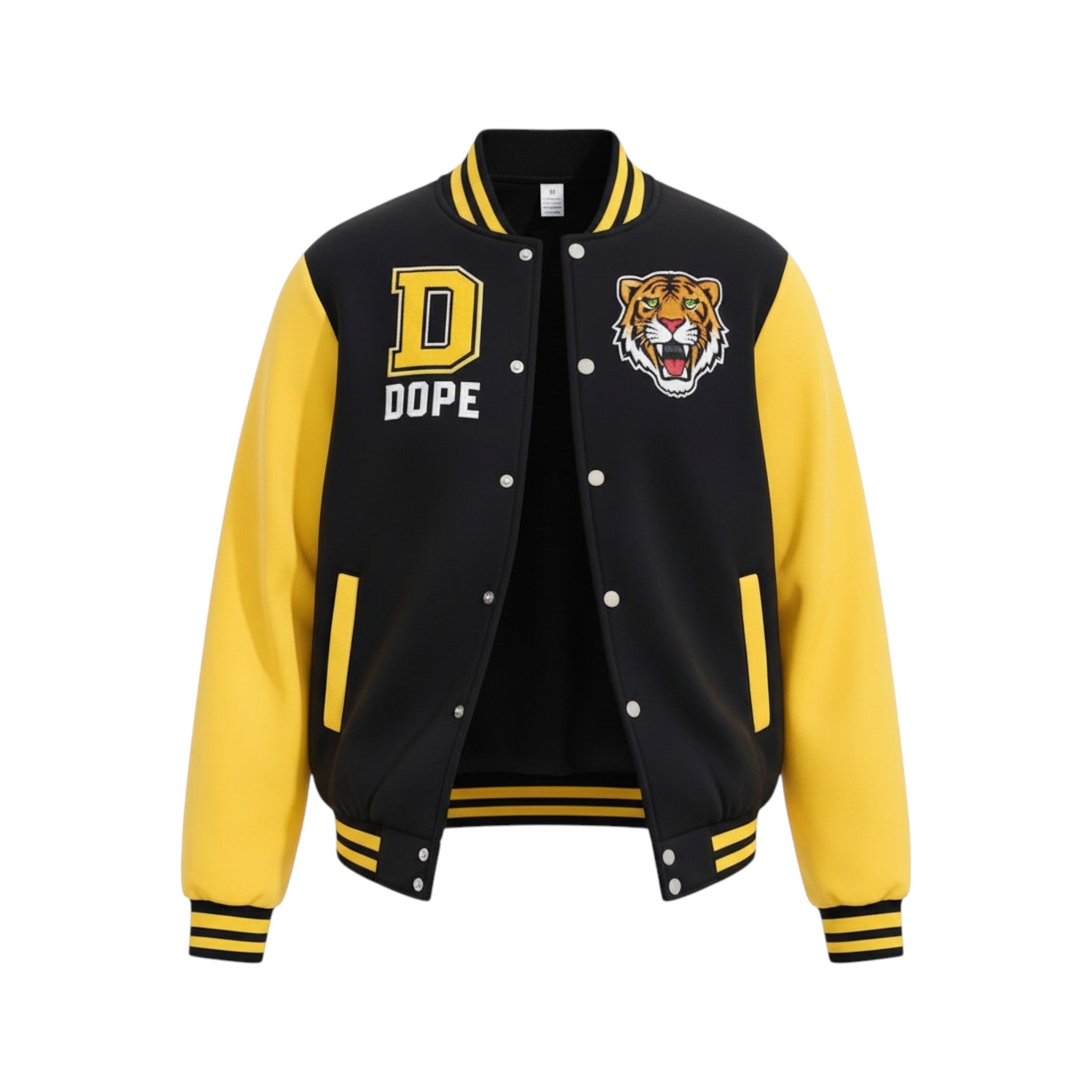 Black and yellow varsity jacket with tiger emblem and 'DOPE' text on a white background