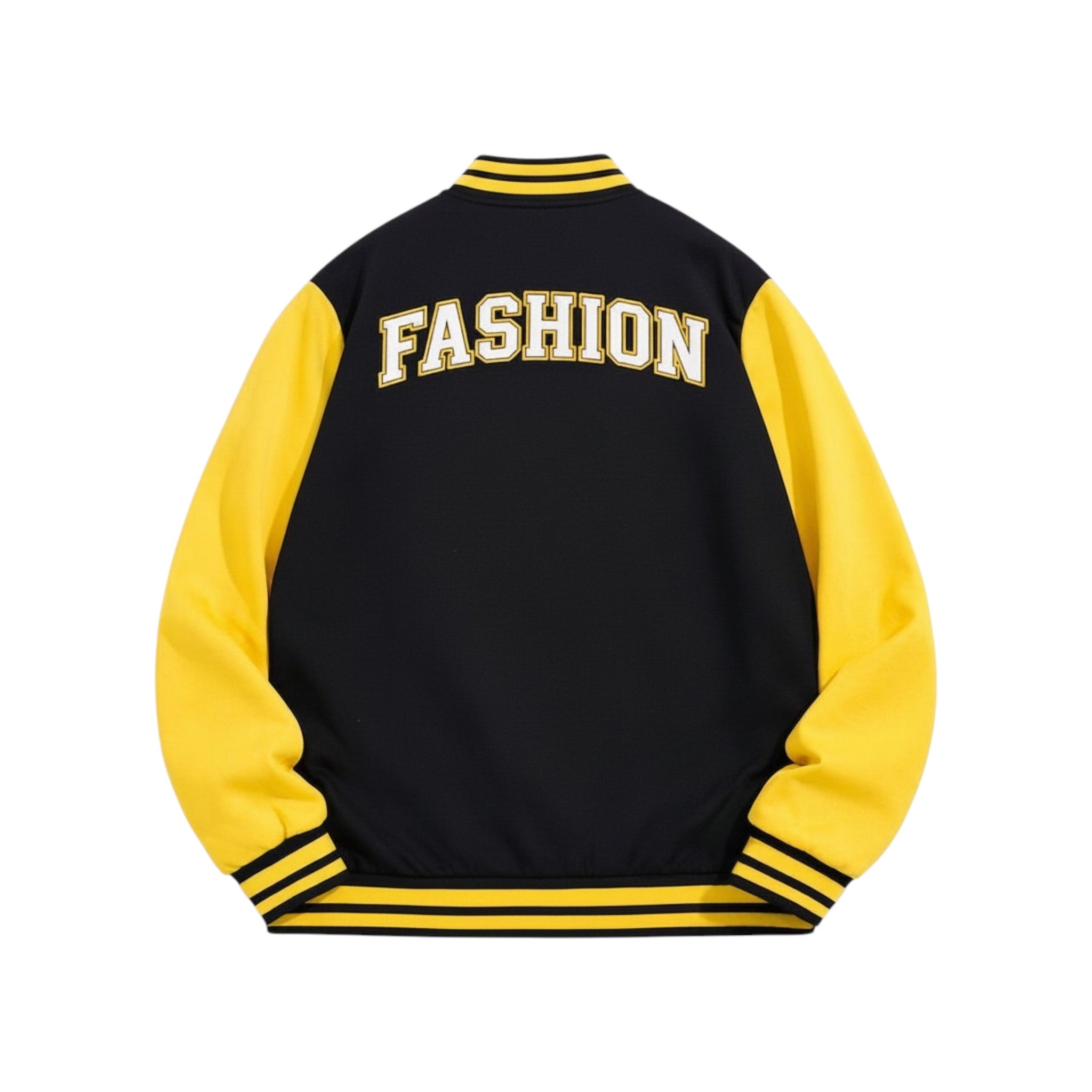 Black and yellow jacket with 'FASHION' text on the back against a white background