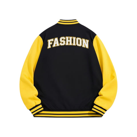 Black and yellow jacket with 'FASHION' text on the back against a white background