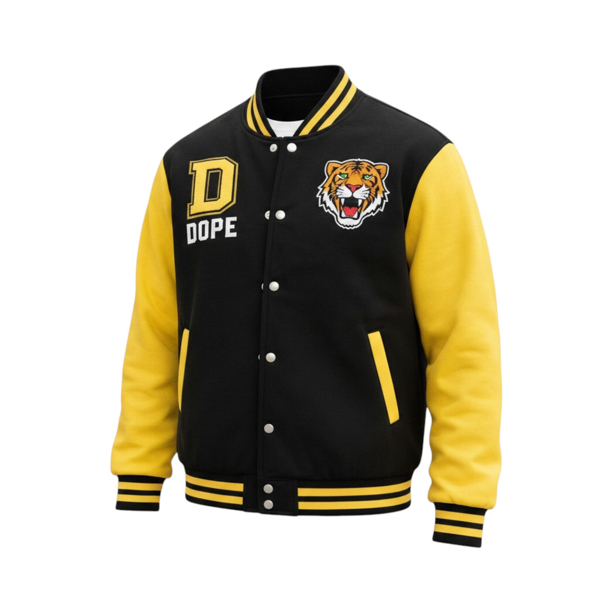 Black and yellow varsity jacket with tiger logo and 'DOPE' text on a white background