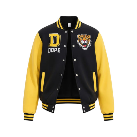 Black and yellow varsity jacket with tiger emblem and 'DOPE' text on a white background