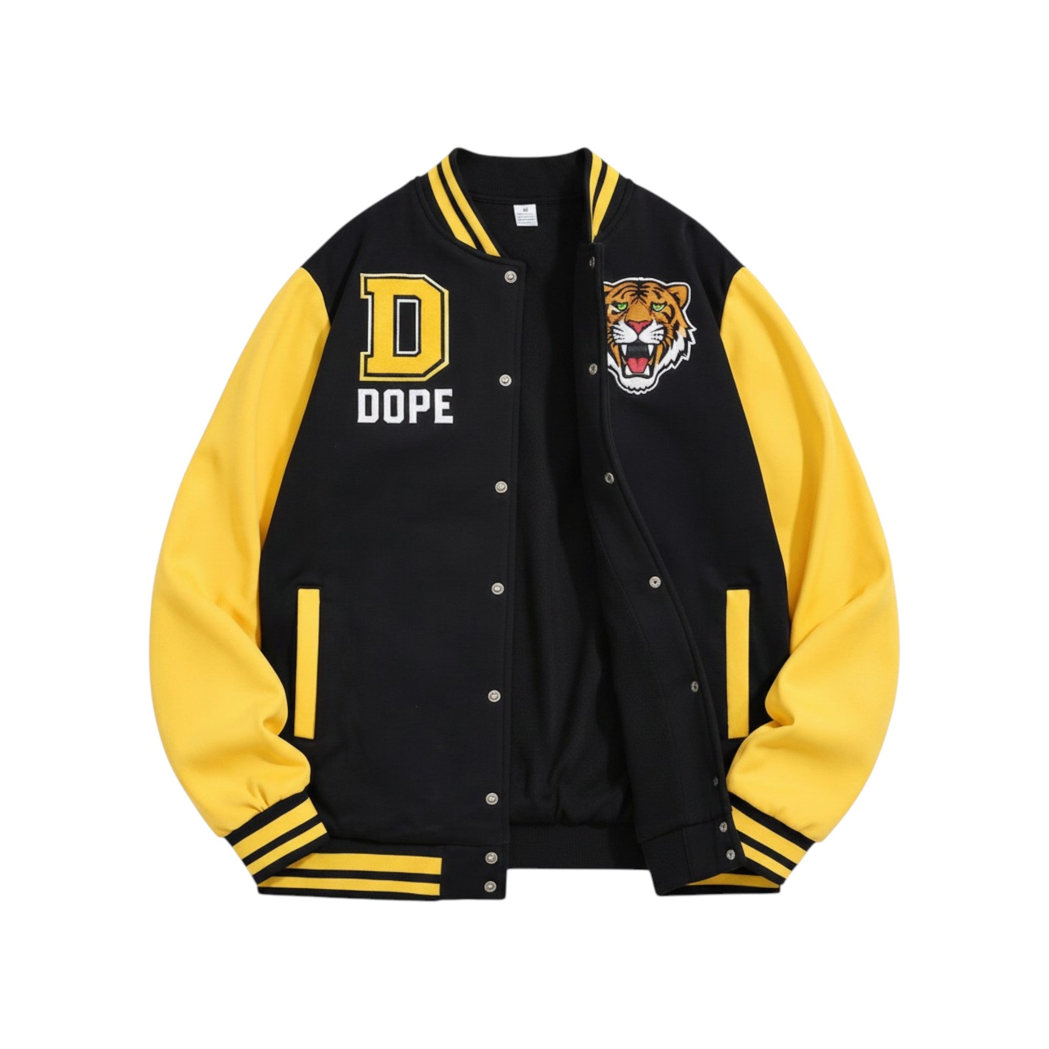 Black and yellow varsity jacket with 'Dope' and tiger logo on a white background